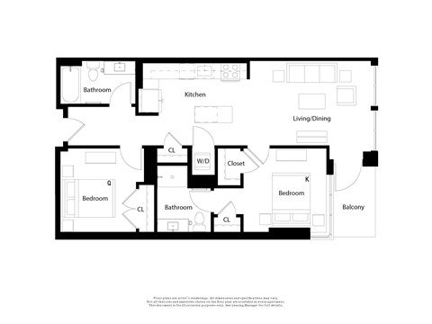 Floor plan for 2 beds, 2 baths, 943 sqft